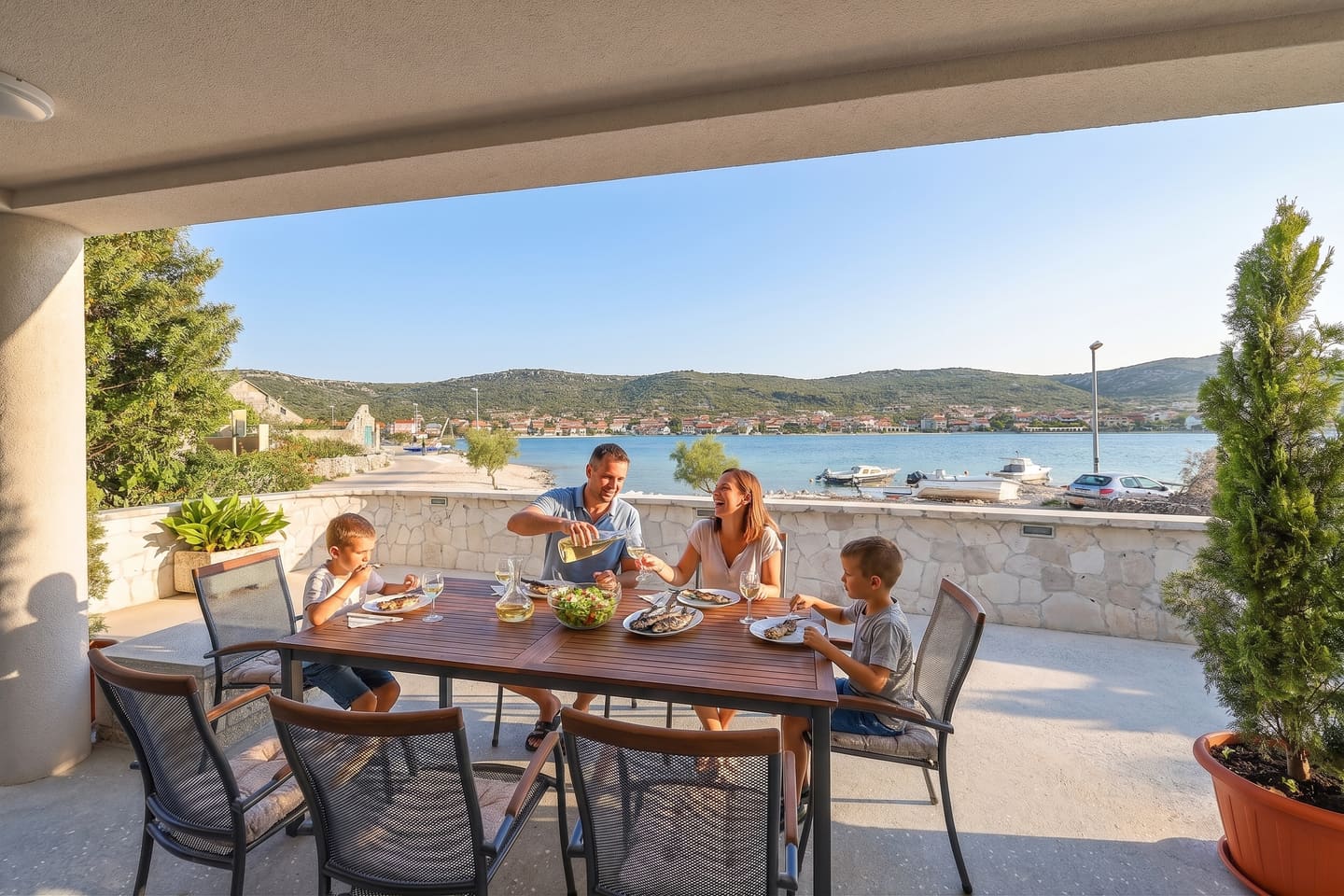Terrace dining table overlooking the bay